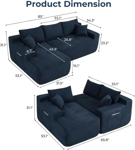 Vista 2 de Sofá seccional en forma de L de 85 pulgadas, sofás deshuesados Azul (New Blue)