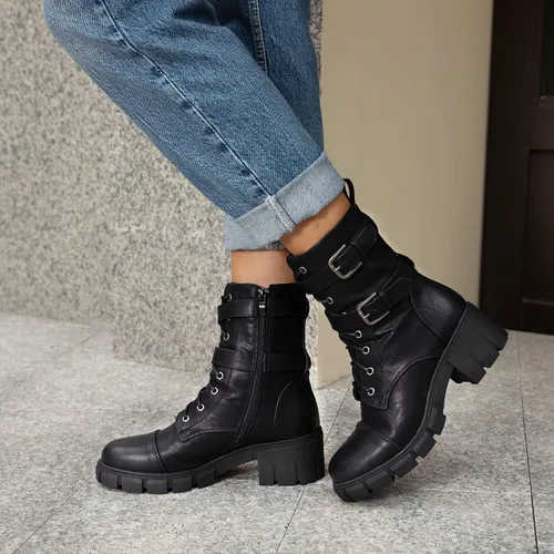 Vista 5 de Tobfis Botas de combate para mujer con hebilla lateral y tacón grueso, Negro, 0