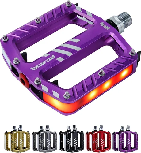 Vista 2 de Pedales de bicicleta con luces LED, 5 modos, toque de encendido/apagado, recargable por USB, impermeable, pedales planos de aluminio CNC