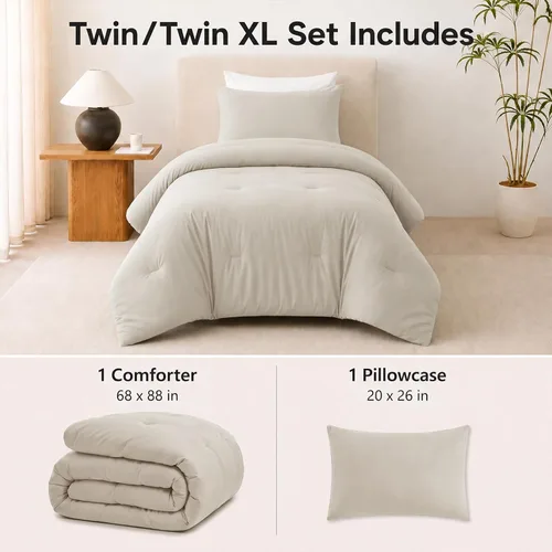 Vista 2 de CozyLux - Juego de edredón beige tamaño individual/individual XL, 2 piezas de juego de cama extra largo sólido transpirable acolchado, juego de cama