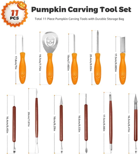 Vista 2 de Kit de 11 piezas de tallado de calabaza para adultos y niños con herramientas de escultura de detalles profesionales, juego de cuchillos de acero