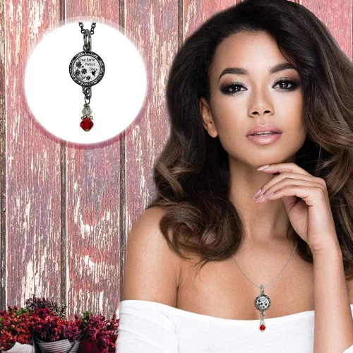 Vista 4 de Lola Bella Gifts and Spirit Lala - Collar cardenal reversible con almas de plumas rojas con parte trasera Love Never Dies y tarjeta de poema, caja