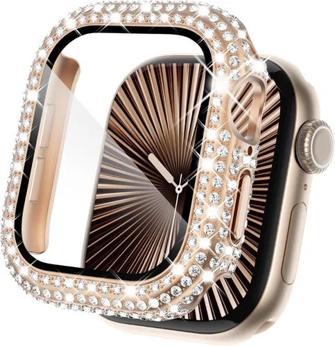 Vista 24 de KADES - Funda protectora completa compatible con iWatch, con protector de pantalla de vidrio templado incorporado, brillante y con diamantes de Negro