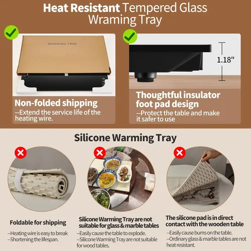 Vista 6 de Tapete de calentamiento para alimentos, L, 22 x 14 pulgadas, bandeja de calentamiento eléctrico de vidrio templado, color negro Keep Food