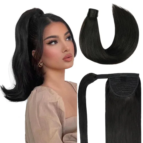 Vista 13 de Extensión de cola de caballo de cabello humano #4 marrón chocolate 100% Remy, extensión de cola de caballo recta envolvente alrededor de colas