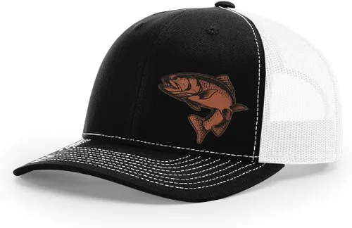 Vista 18 de Sombrero de pesca de trucha con parche de cuero grabado láser Richardson 112 Snapback Trucker Cap