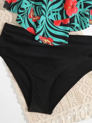 Vista 3 de SHENHE Conjunto de bikini de 2 piezas para niña, diseño floral de cintura alta con volantes