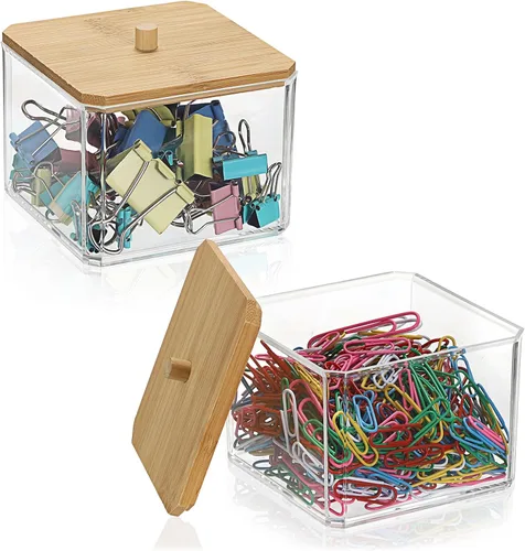 Vista 9 de BTSKY Organizador de clips de papel transparente apilable con tapa de bambú de 2 capas, caja de clips de papel, accesorio de oficina de acrílico