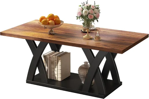 Vista 8 de FROMJBEST - Mesa de café de estilo rústico con estante, mesa de café moderna, mesa de café negra para sala de estar, mesas de sala de estar, 47" Gris