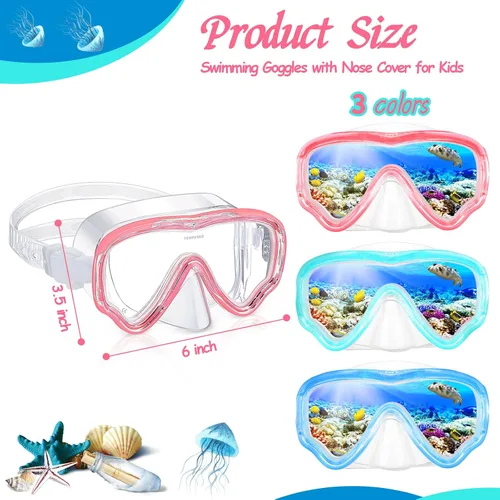Vista 2 de Yexiya 3 Pack Kid Goggles with Nose Cover Swiming Diving Mask for Kid 3-12 Adjustable Strap Tempered Glass No Leak