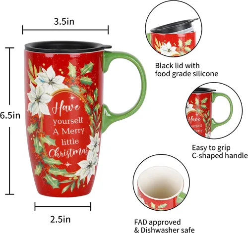 Vista 7 de Topadorn Taza de café de cerámica de 17 onzas con tapa y caja de regalo, taza de té de porcelana roja festiva, apta para microondas y lavavajillas