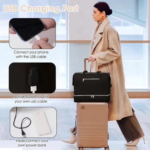 Vista 5 de Bolsa de fin de semana con compartimento para zapatos, bolsa de viaje para pasar la noche, Negro -, Estilo conciso