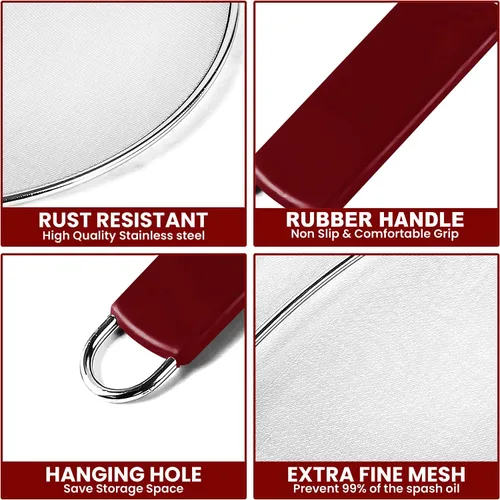 Vista 6 de Pantalla contra salpicaduras de grasa de 13 pulgadas para cocinar, protector de salpicaduras de aceite de acero inoxidable y malla ultrafina que Rojo