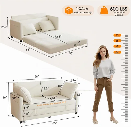 Vista 2 de Sofá cama loveseat de 65", sofá cama convertible de chenilla para espacios pequeños, sofá cama plegable con asiento profundo, marco sólido, sofás
