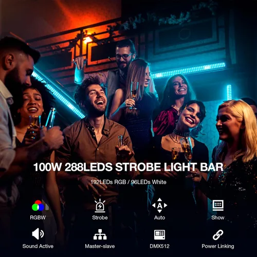 Vista 4 de Barra de luz estroboscópica de escenario, 100 W, 288 LED, RGBW, función de persecución de luz para DJ, mapeo de píxeles por control DMX Uplights