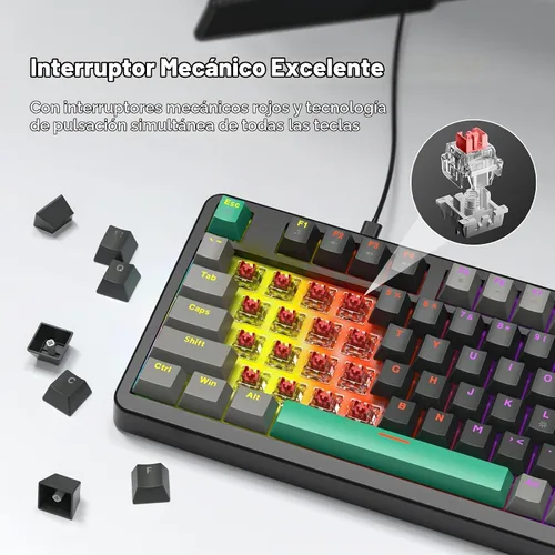 Vista 4 de Teclado mecánico AK96 con pantalla inteligente y perilla, montaje superior 96% teclado mecánico con cable USB-C, intercambiable en caliente, soporte