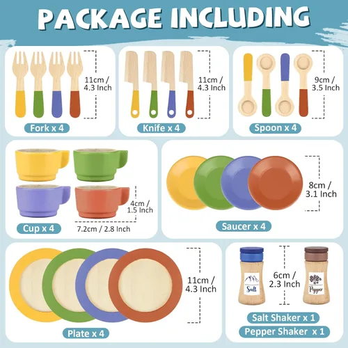 Vista 2 de Platos y platos de madera para niños, accesorios de cocina para niños pequeños de 1 a 3 años, juguetes de cocina, tazas de té para niños, regalo