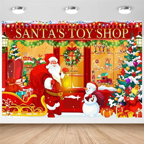 Vista 9 de Avezano Telón de fondo de Navidad, pancarta roja de la tienda de juguetes de Santa para fotografía, fondo de tienda de Navidad, decoración