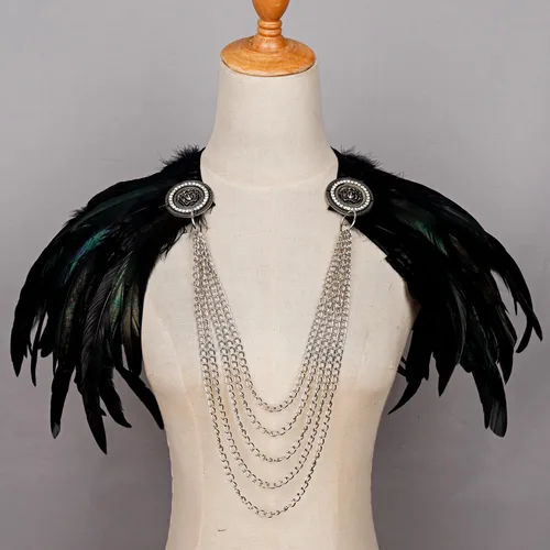 Vista 4 de Joukavor Disfraz de chal de plumas negras para mujer, cuello de plumas de Maléfica, parte superior de plumas