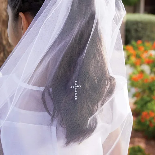 Vista 3 de First Communion Veil blanco con cruz de diamantes de imitación, 54 pulgadas, Blanco