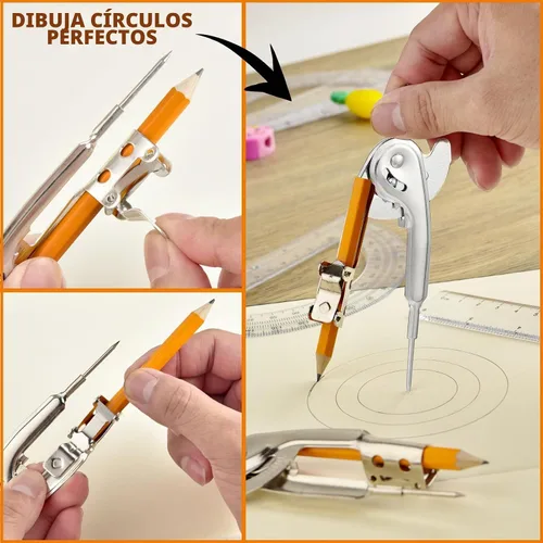 Vista 3 de Brújula para geometría, brújula de metal, brújula matemática, brújula de dibujo a granel, brújula de geometría plateada con lápiz para estudiantes
