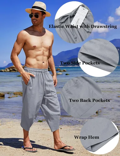 Vista 5 de COOFANDY Pantalones capri harén de lino para hombre, ligeros, sueltos, 34, con cordón elástico, cintura elástica, pantalones casuales para yoga