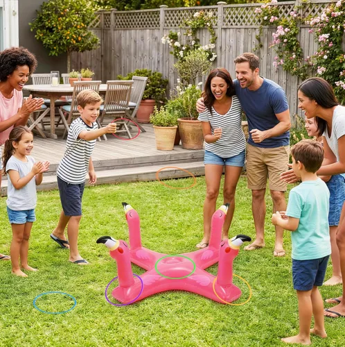 Vista 6 de Uniqhia Anillo inflable para piscina con 6 anillos, juego de piscina flotante de tiburón y flamenco con 6 anillos, juegos de piscina para niños