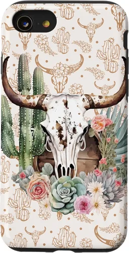 Vista 18 de Western Boho Chic Longhorn Bull Skull Cactus Beige Pattern Case for iPhone 17
