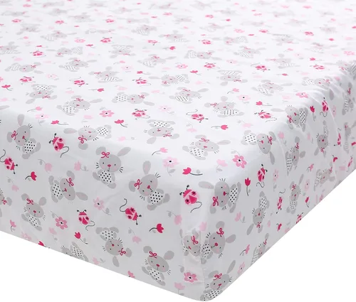 Vista 6 de Juego de ropa de cama de 3 piezas con bordado floral rosa con temática de conejo, ropa de cama para bebé, niña, color rosa rubor, sábana bajera +