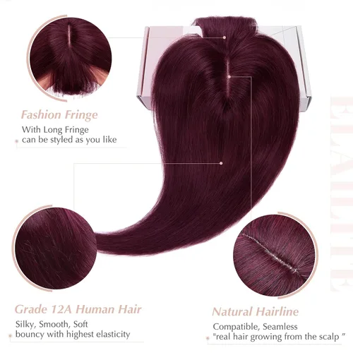 Vista 3 de Elailite Pelucas para mujeres con flequillo, cabello humano real, topper con cabello delgado, 13 cm x 7 cm, base de seda, clip en piezas de cabello
