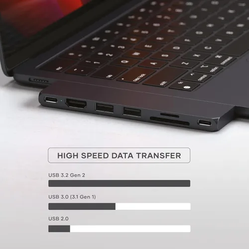Vista 6 de Satechi Adaptador multipuerto USB C 7 en 1 Pro Slim, USB C Dongle, carga de 100 W, HDMI 4K, USB 4, USB 3.2 Gen 2, lector de tarjetas SD/Micro