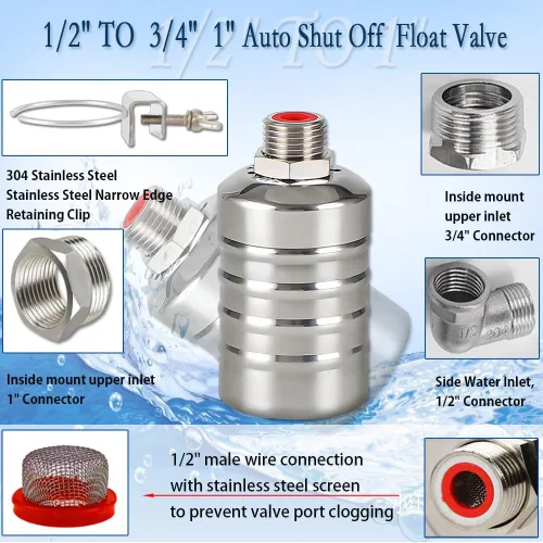 Vista 3 de Válvula de flotador, válvula de flotador de control de nivel de agua de 1/2" a 3/4" 1", válvula de cierre de agua totalmente automática de acero