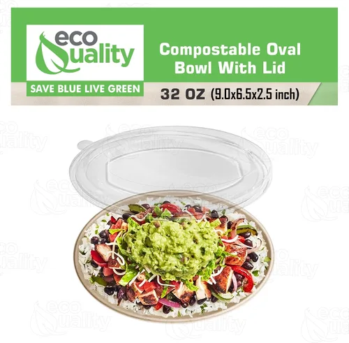 Vista 4 de Cuencos de burrito ovalados desechables de fibra compostable de 32 onzas con tapas de cúpula, resistentes, ecológicos, bagazo natural sin blanquear