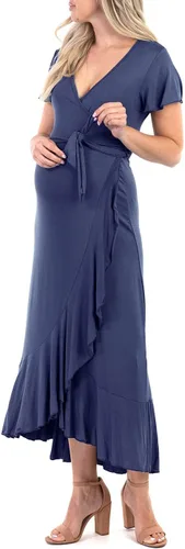 Vista 3 de Mother Bee Maternity Vestido de volantes de manga mariposa con cinturón ajustable Dkdenim