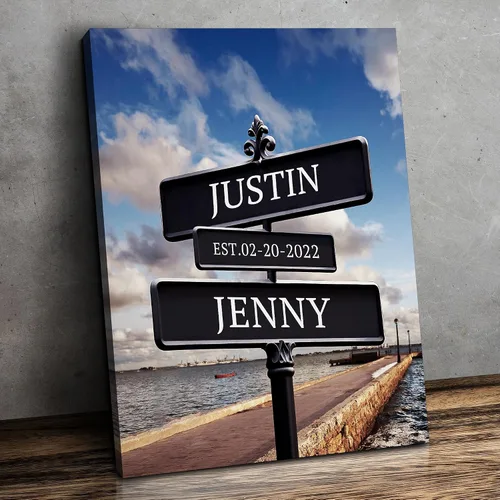 Vista 20 de CP CANVASPATH Letrero de calle con el nombre de la pareja y la fecha, impresiones personalizadas en lienzo del puente de Manhattan por la noche