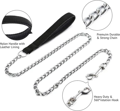 Vista 5 de Correa de cadena de metal chapado en cromo con mango acolchado suave para perros pequeños (S, mango negro)