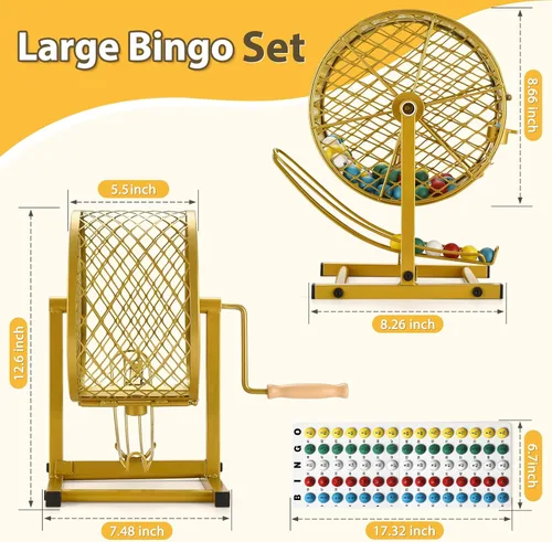 Vista 5 de AugFir Juegos de bingo de 12.6 pulgadas de alto con jaula de acero, juego de bingo profesional para adultos/niños, incluye fichas de colores, 30