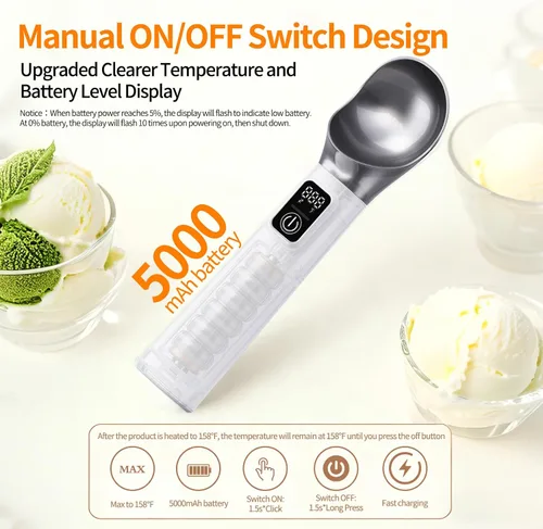 Vista 5 de Cuchara de helado con calefacción, cuchara eléctrica recargable con interruptor de encendido/apagado, pantalla LED y batería de 5000 mAh, 2 onzas