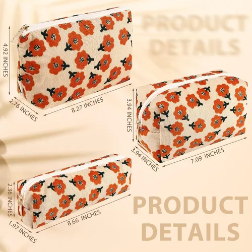 Vista 2 de Photect Juego de 3 bolsas de maquillaje floral para bolso, bolsa de lona de pana, pequeña bolsa de cosméticos para mujeres, mini artículos