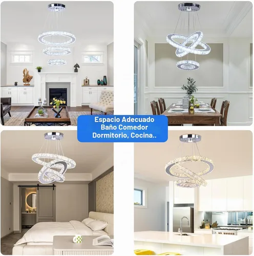 Vista 4 de Candelabro LED de cristal con iluminación regulable LED moderna lámpara de techo de 3 anillos ajustable de acero inoxidable para dormitorios y sala