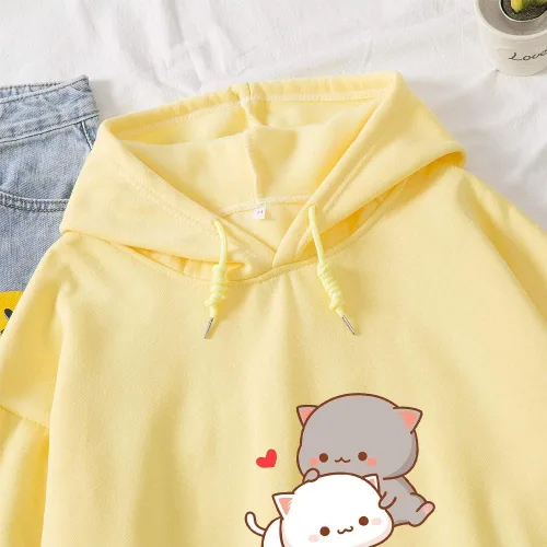 Vista 3 de Sudadera con capucha de algodón casual con diseño de gato de dibujos animados Kawaii para mujer