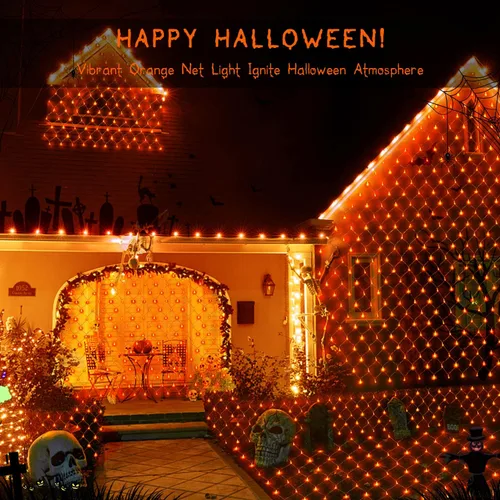 Vista 6 de JMEXSUSS Guirnalda de luces LED naranja de Halloween y luces de red para exteriores, cable transparente, 8 modos, impermeable, guirnalda de luces