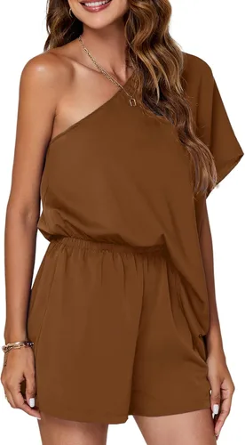 Vista 5 de Umenlele Blusa de manga de murciélago con un hombro para mujer, overol corto