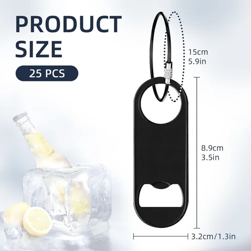 Vista 2 de Paquete de 25 abrebotellas planos de acero inoxidable con llavero de 3.5 pulgadas, mini abrebotellas de cerveza plano negro, llavero para barman