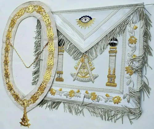 Vista 3 de Delantal Masonic Regalia - Cadena de cuello maestro bordado color blanco talla libre azul blanco Talla libre