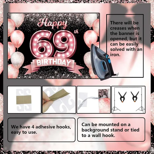 Vista 211 de Cartel de feliz cumpleaños décimo oro rosa, telón de fondo, saludos a 10 años, globos de confeti, decoración temática para niñas de 10 años