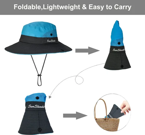 Vista 24 de Sombrero de pesca de playa de ala ancha para mujer, con protección UV, plegable, con agujero para cola de caballo