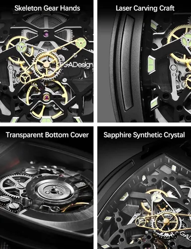 Vista 6 de CIGADesign - Reloj esqueleto automático mecánico, de acero inoxidable, replica de Tonneau, casual, de pulsera, impermeable, cristal de zafiro