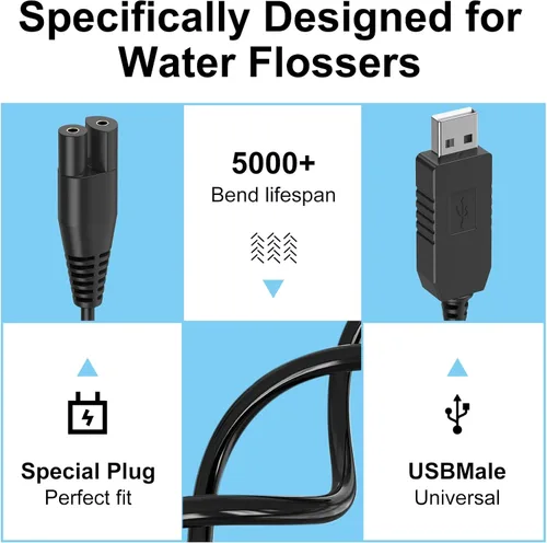 Vista 4 de Cable de carga de repuesto para irrigador dental Waterpik WP360 WP462 WP450 WF13 WP100, cable de carga USB (negro)