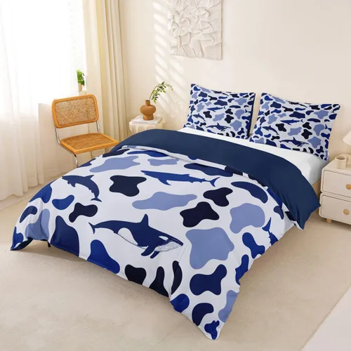 Vista 5 de Manfei Juego de funda de edredón de camuflaje de animales marinos, tamaño individual, juego de ropa de cama de camuflaje de tiburones y ballenas